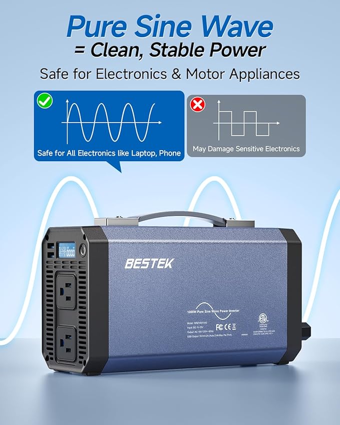 BESTEK Pure Sine Wave Power Inverter - 1000W Car Inverter DC 12V to 110V AC - Car Charger Adapter Outlet with 4.8A Dual USB Charging Ports - Digital LCD Display - Aluminum Housing - Rubber Handle