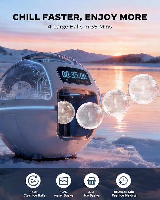 Silonn 2″ Sphere Ice Maker, Clear Ice Ball Maker with Slow-Melting, 4 pcs in 35 Mins, 144 pcs/Day, Crystal Sphere & Rapid Sphere Technology, Self-Cleaning Ice Maker Countertop Ideal for Whiskey