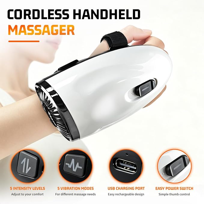Professional Barber Handheld Massager, Cordless Vibration Massage Tool with 5 Speeds & 5 Modes, Wearable Palm Strap Design for Neck, Shoulders, Arms, Legs, 2600mAh Type-C Rechargeable, White