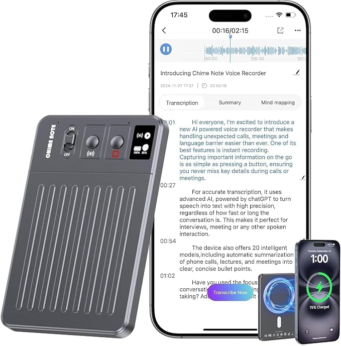 AI Voice Recorder: 64GB with Free Transcription & AI Summary, APP & Web Control, 121 Languages, Wireless Charging for Meetings