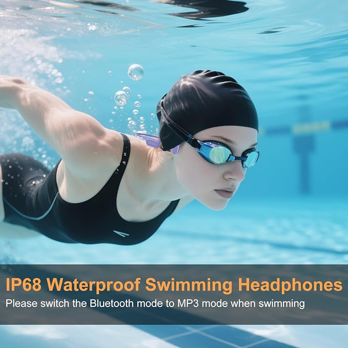 IP68 Waterproof Swimming Headphones, Bone Conduction Bluetooth 6.0 Headphones, Built-in 32GB MP3 Player, Soft Lightweight Open-Ear Design for Swimming Marathons Showers Cycling(Purple