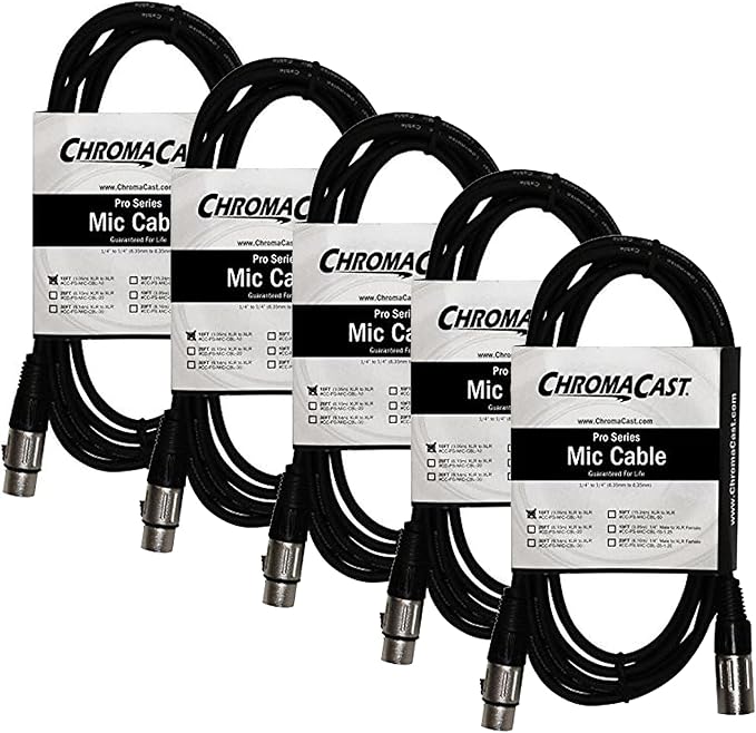 ChromaCast 5 Pack XLR Microphone Cable for Speaker or PA System, All Copper Conductors, 6MM PVC Jacket, 10 Foot, Black