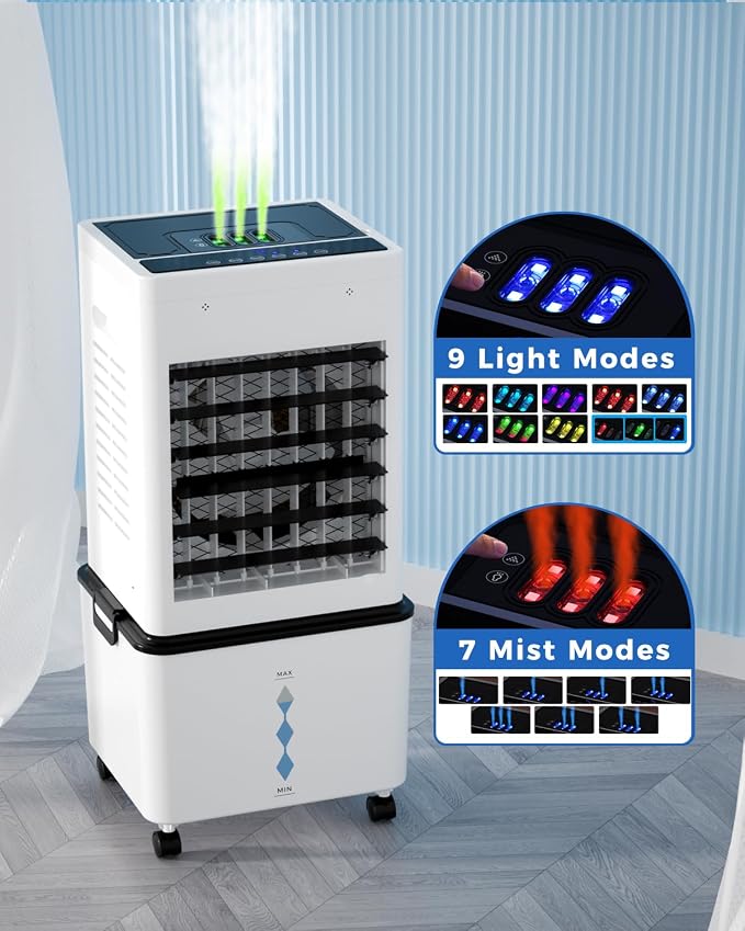 Evaporative Air Cooler Fan, Small Swamp Cooler Fan with 12L Removable Water Tank, 6 Speeds, Cooling Spray Modes & Lights, Remote, 24H Timer for Bedroom, Office & Living Room