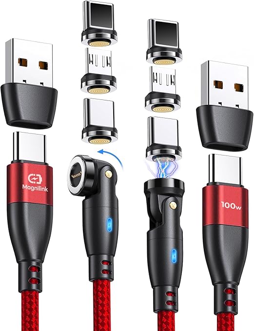 Magnilink 360 PRO 100W Magnetic USB C Phone Charger (Pack of 2) - 6 in 1 Magnet Charging Cable Fast Charging & Data - Works with i-Products, Type-C and Micro USB (Crimson Red)