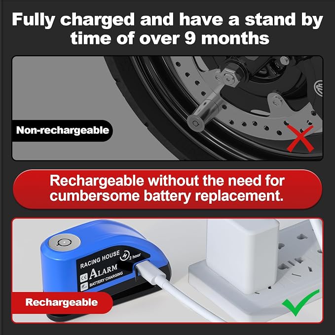 JAGASOL Motorcycle Lock Rechargeable, Alarm Disc Brake Lock with Reminder Cable, 110 dB Alarm Sound, Anti-Theft Waterproof, 2 H Fast-Charging, 9 Months Standby, 7 mm Lock Pin Universal for Bikes