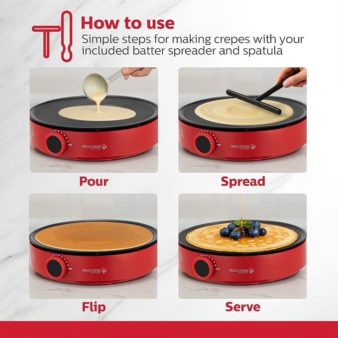 Holstein Housewares 12” Crepe Maker - Adjustable Temperature Control - Nonstick Griddle for Versatile Cooking of Crepes, Quesadillas, Pancakes, Eggs, Bacon & More - Easy to Clean - Indicator Lights