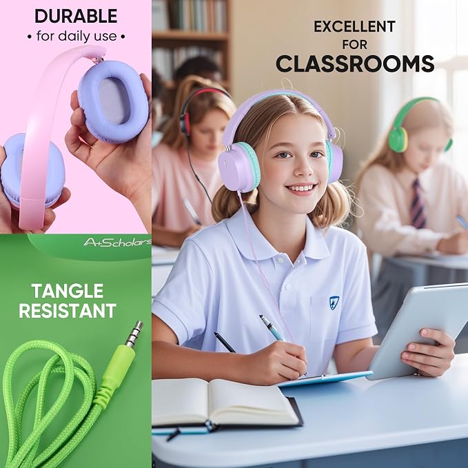 Kids Headphones Bulk 5 Pack for School, HD Mic Stereo Sound Over-Ear Headphones for Classroom, Comfortable Fit, Foldable, 3.5mm Jack Wired Headphones for kids ipad Tablets Computer Travel, Colorful