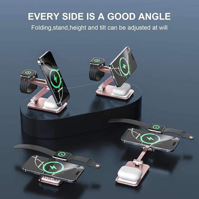 Wireless Charger 3 in 1,Foldable Wireless Charging Station for Apple MagSafe Charger,Aluminum Portable Magnetic Travel Charger Stand for iPhone,Watch,Aipods (with 20W Adapter & Case)