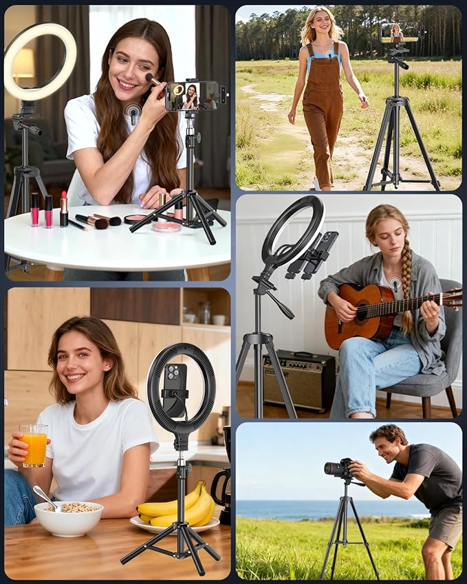 Vlogging Kit for iPhone/Android, 10'' Selfie Ring Light with Stand, 57'' Extendable Tripod, Desktop Tripod, Wireless Microphone - YouTube Starter Kit, Content Creator Essentials for TikTok,Live Stream