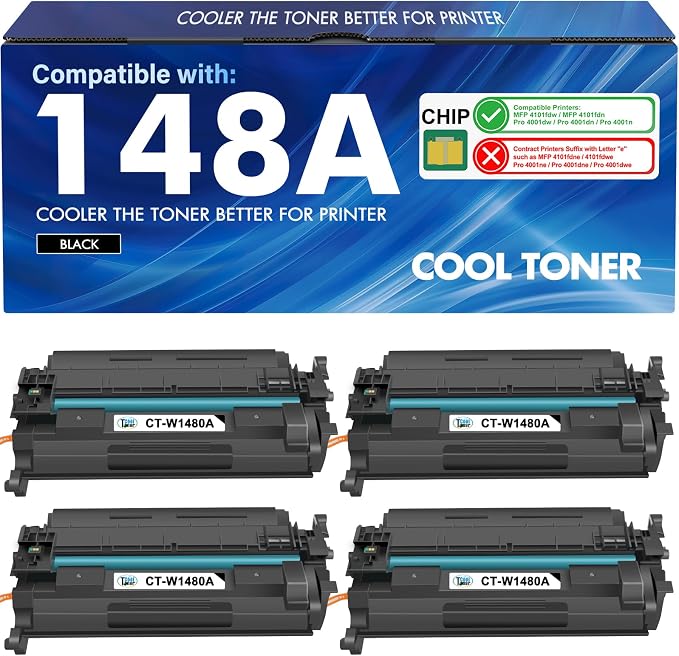 148A W1480A Toner Cartridge Black 4001n 4101fdw 148X Compatible Replacement for HP 148 148A W1480X for HP LaserJet Pro MFP 4101fdw 4101fdn Pro 4001dw 4001dn Printer Ink (4 Pack with Chip)