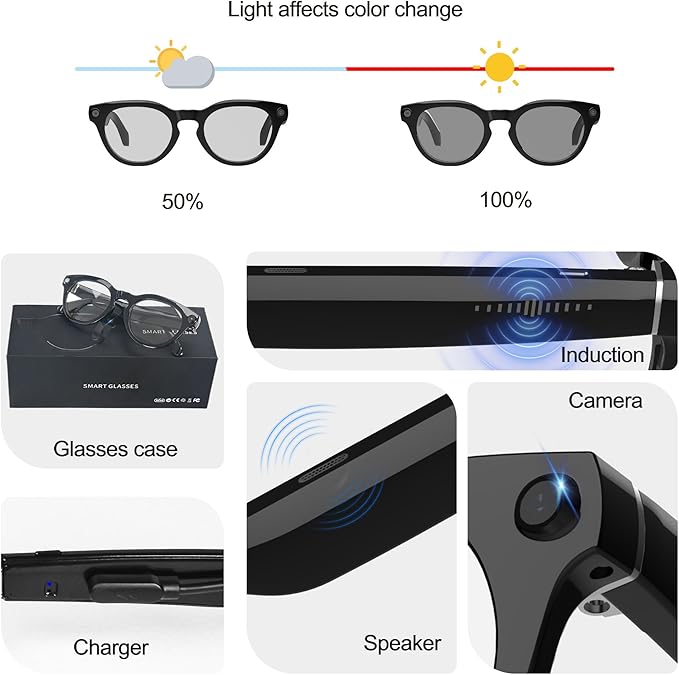 Ai Smart Glasses with Camera and Bluetooth - 4K HD Video Recording, Real-Time Translation, with Color-Changing Lenses for Travel, Sports, Outdoor Use