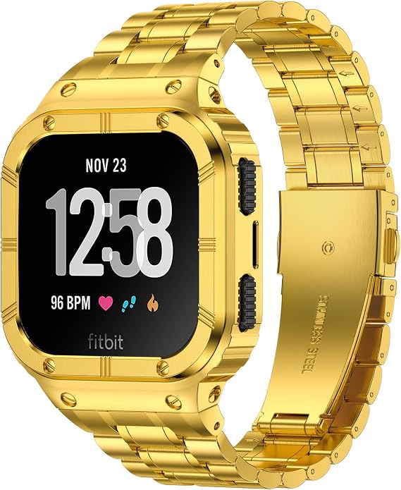 BAITEYOU Stainless Steel Watch Band with Case Compatible for Fitbit Versa/Fitbit Sense Bands, Rugged Protective Bumper Metal Wristbands for Men Women