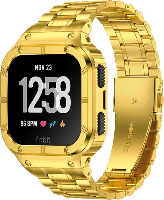 BAITEYOU Stainless Steel Watch Band with Case Compatible for Fitbit Versa/Fitbit Sense Bands, Rugged Protective Bumper Metal Wristbands for Men Women