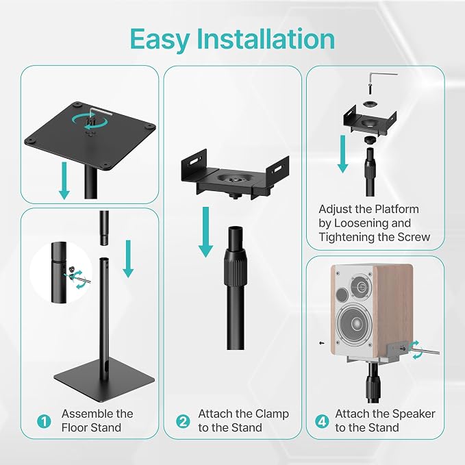 Pegzone Height-Adjustable Speaker Stands Pair, Black | Height Adjustable from 33.4" to 44", 11LBS Capacity, Surround Sound Speaker Stands, Cable Management, 1 Pair
