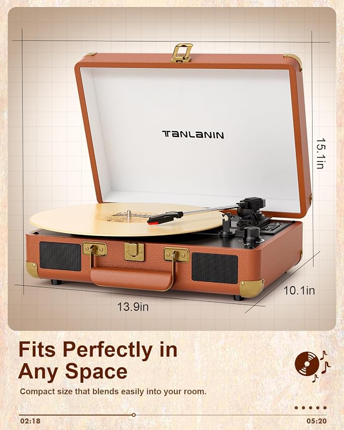 Vinyl Record Player Bluetooth Vintage 3-Speed Portable Suitcase Turntables with Built-in Speakers, Belt-Driven LP Player Support USB Recording AUX-in RCA Line Out Headphone Jack, Brown