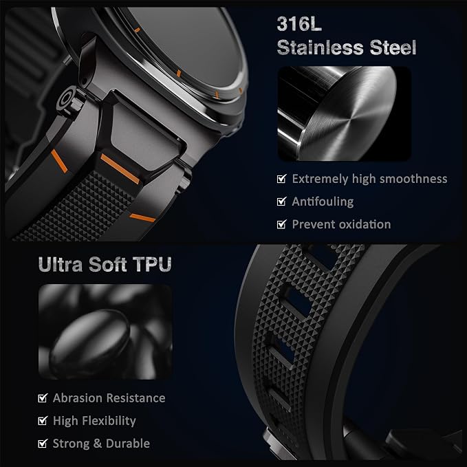ULTIMAL Watch Band for Samsung Galaxy Watch Ultra 47mm (2025/2024) Compatible with Samsung Watch Strap Bands for Men Sport Bands for Watch Rugged Premium TPU & Metal (Black+Black)