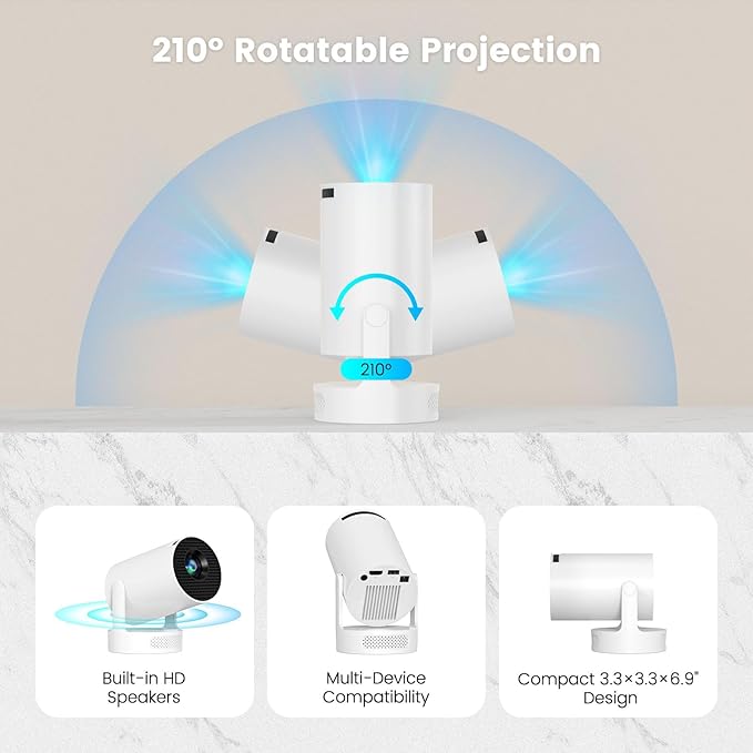 Mini Projector with WiFi and Bluetooth, Portable Projector 4k 1080P Support 5w Sound Base Speaker, 170 ANSI, Android 11, Auto Vertical Keystone Smart Proyector for Home Bedroom Outdoor, HY300 Ultra