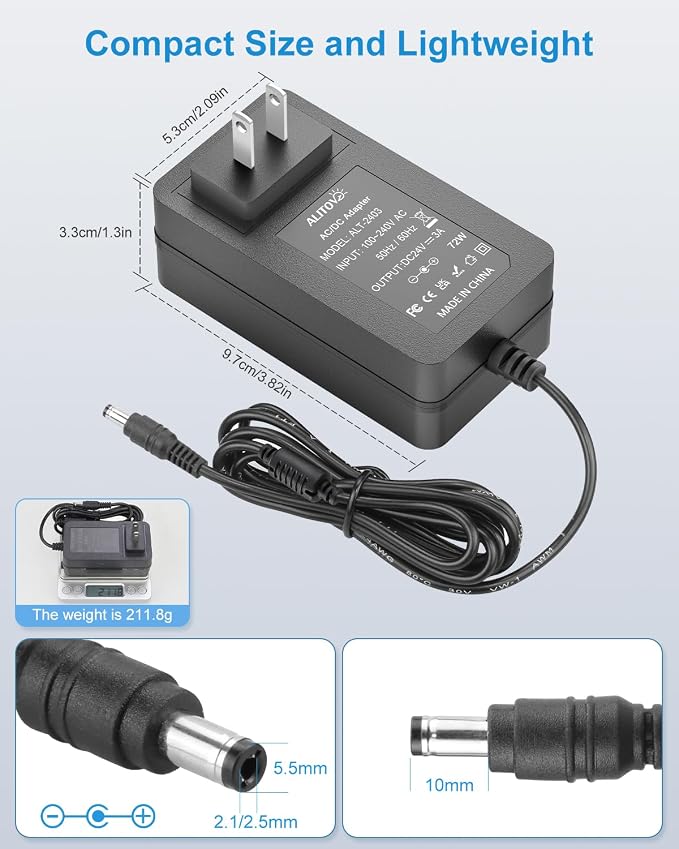 ALITOVE 24V 3A Power Supply 72W AC Adapter Power Cord 100-240V 50-60Hz to DC 24 Volt 3 Amp Transformer 2A 1A Converter 5.5x2.5/2.1mm DC Barrel for LED Strip Module Light, CCTV Camera System, 6.2FT