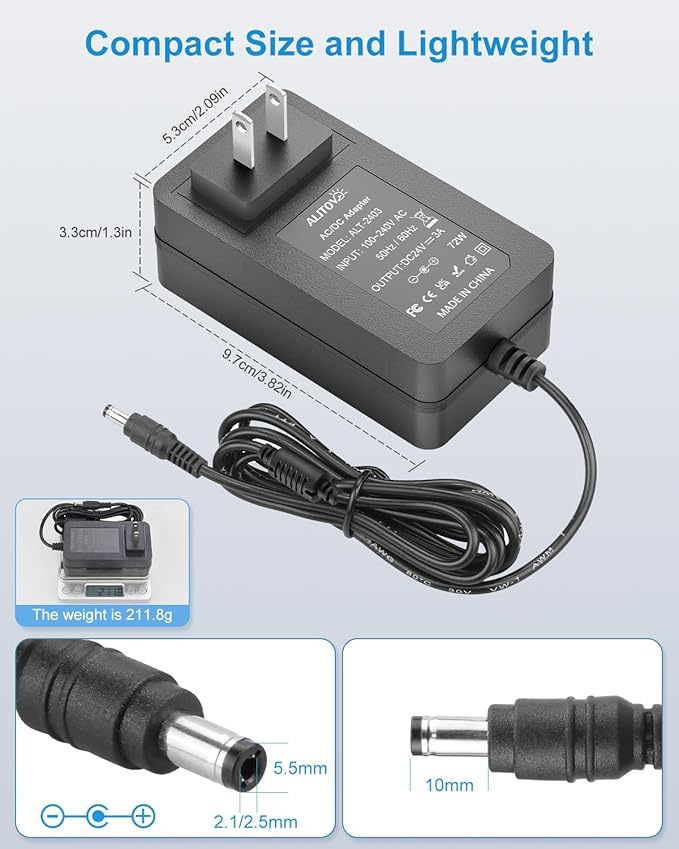 ALITOVE 24V Power Supply 3A 72W AC Adapter 6.2FT Power Cord 100-240V to DC 24 Volt 3A 2A 1A Amp Transformer Converter 5.5x2.5mm DC Plug for LED Strip Module Light, CCTV Camera System (2 Pack)