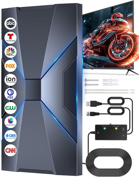 2026 Upgrade 4000+Miles TV Antenna for Smart TV,Digital Indoor TV Antenna,Outdoor HDTV Antenna for Local Channels with 360° Amplifier Signal Booster-Support All TV and 4K 1080P VHF UHF-Long Coax Cable