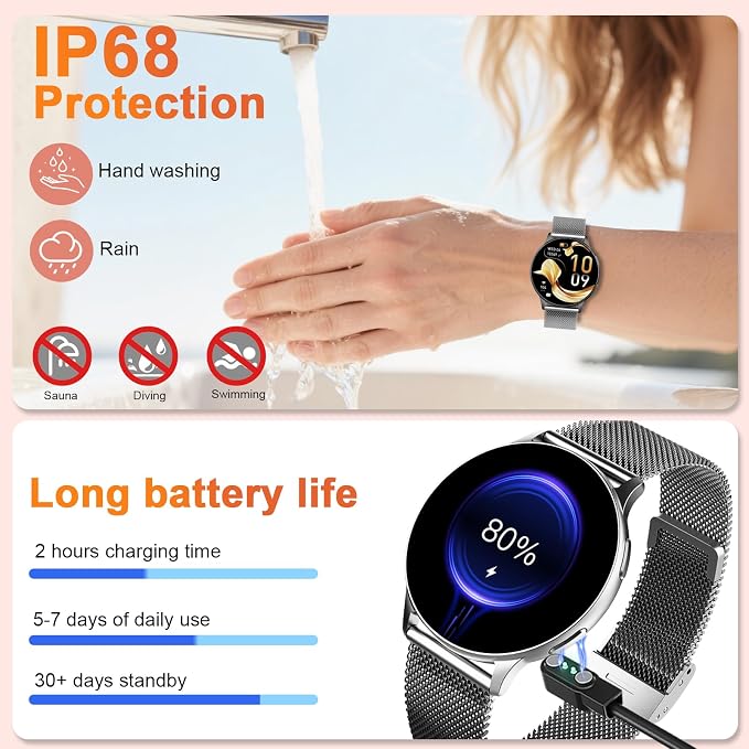 Jugeman Smart Watch for Women, Womens Watch with 24/7 Health Tracking, Bluetooth Calls, Step Heart Rate Sleep Monitor, IP68 Waterproof Wrist Smartwatch for Work Sports, Gift for Women (Silver)