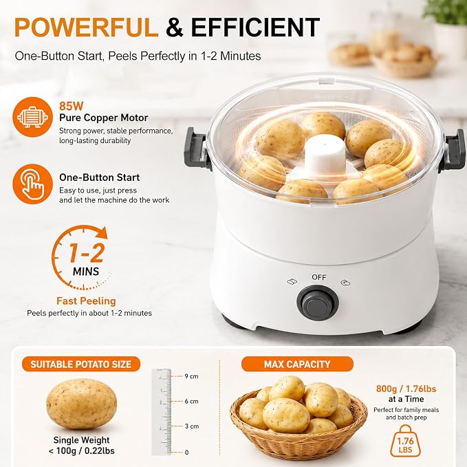 Electric Potato Peeler, 2-in-1 Automatic Peeling Machine/Vegetable Dehydrator, 85W One-Button Drive Potato Peeler Spinner for Home Kitchen Fast Food Stores Restaurant