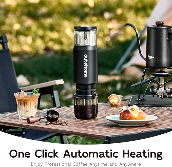 outohome Portable Electric Espresso Machine,15 Bar Self Heating Outdoor Coffee Maker, Travel Coffee Machine for Camping With Ground Coffee and NS Capsule for RV, Office,Car Coffee with carry Bag