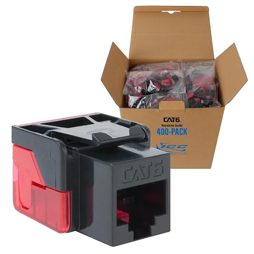 ICC CAT6 Keystone Jack with Inline IDC No Pair Split Wiring (Easier Termination) UL Listed PoE++ TAA Compliant for Wall Plate or Patch Panel, Works with JackEasy Termination Tool, Black, 400 Pack
