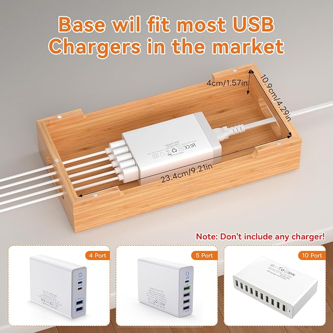 Bamboo Charging Station with Watch Stand, Docking Holder for Multi Device with 5 Charge Cables, Desktop Dock Stations Electronic Organizer for Cellphone, Tablet, Watch(No USB Charger)-Natural Bamboo
