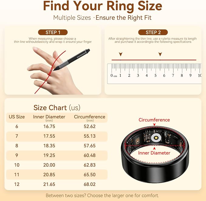Smart Health Fitness Ring for Women & Men, Activity Tracker with Step Counter, Sleep Monitor & Stress Tracking, Waterproof, Compatible with Android & iOS, No Subscription Fee