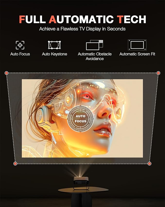 [Auto Focus]Light Black Smart Mini Projector with WiFi and Bluetooth, XuanPad 4K Support Movie Projector, Portable Native 1080P Outdoor Projector with 360° Stand