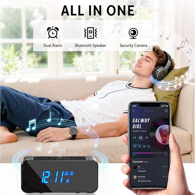Hidden Camera with Alarm Clock & Bluetooth,Ultra 4K HD Wireless Indoor Camera for Home Security,WiFi Mini Nanny Cam with Night Vision,Motion Detection,Remote Live Stream
