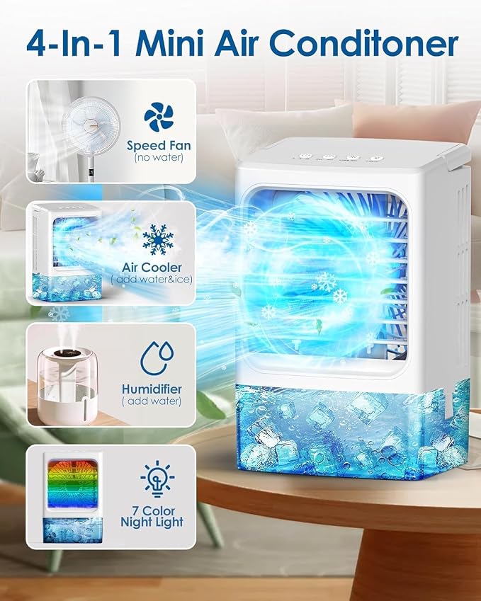 Mini Air Conditioner Small Portable AC Unit Portable Air Conditioners with 1500ml spray/hour 3 Speed Wind & 7 Colorful LED Light Cool Mist &Timer Evaporative Air Cooler for Bedroom/Home/Office