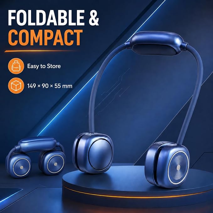 Foldable Neck Fan, Portable Neck Fan Rechargeable, Bladeless Quiet 360° Adjustable Personal Fan, 3 Speeds Hands Free Wearable Fan for Travel, Walking, Camping, Office, Navy Blue