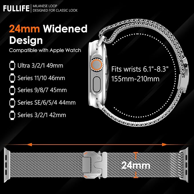 FULLIFE Milanese Mesh Loop for Apple Watch Band Apple Watch Ultra 3/2/1 Band 49mm 46mm 45mm 44mm Men Women, Stainless Steel Metal Band Parachute-style Buckle for iWatch Series 11 10 9 8 7 6 SE3 5 4 3