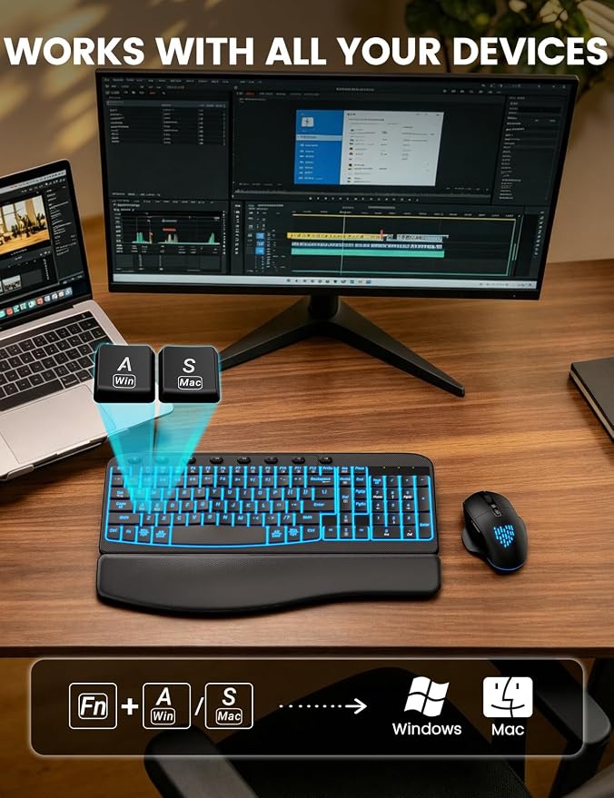 SABLUTE Wireless Keyboard and Mouse Combo Ergonomic - MA12Pro Wave Keyboard with Leather Wrist Rest for Comfortable Typing, RGB Backlit Rechargeable for Windows, Mac, PC, Laptop