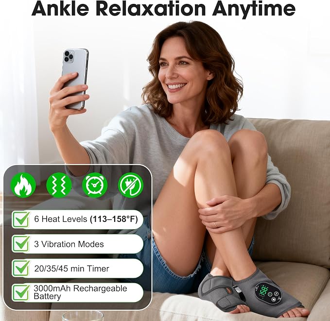 2 Pack Cordless Ankle Massager for Pain Relief, Foot and Ankle Massager Wrap with Heat, Foot Massager for Neuropathy, Heated Foot Massager, 6 Heat Levels, 3 Massage Modes, Grey