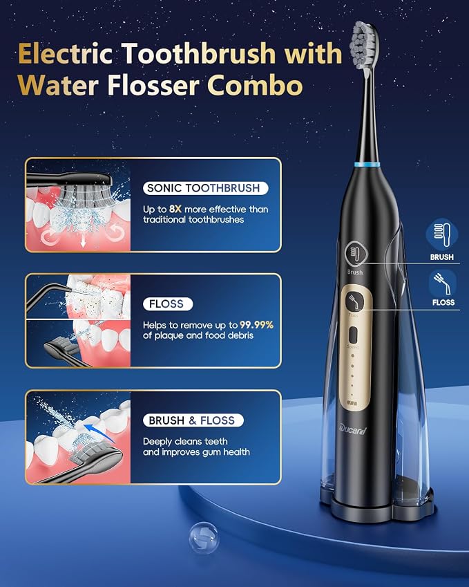 Electric Toothbrush with Water Flosser Combo, Professional Oral Care with 3 Brush Modes & 5 Water Pressure, Rechargeable Flossing Toothbrush for Adults Teeth Cleaning, Cordless for Home&Travel, Black