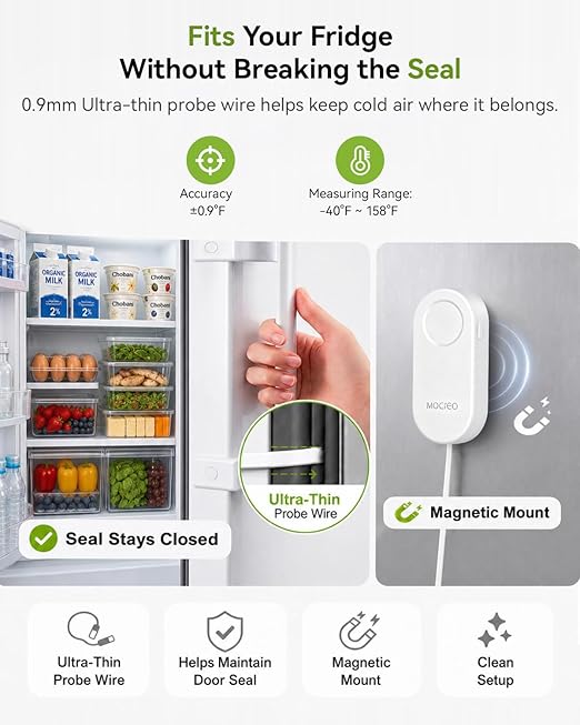 MOCREO WiFi Thermometer Freezer Alarm, Email Alert, App Notification, Data Record Export, No Subscription Fee, 2 Remote Wireless Temperature Sensors for Refrigerator, Freezer, Hot Tub