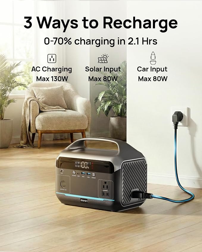 DaranEner Portable Power Station 600W, 288Wh LiFePO4 Battery Backup Power w/2×600W AC Outlets (1200W Surge), 2.2H Fast Charging, Solar Generator for Outdoor Camping/RVs/Home Emergency (Solar Optional)