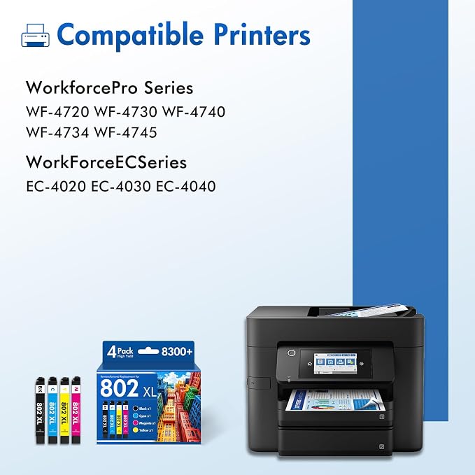 Remanufactured Replacement for 802 XL WF-4730 Ink Cartridges Combo Pack for Epson Printer Workforce Pro WF-4730 WF-4740 WF-4720 EC-4020 EC-4030 WF 4730 4740 (KCMY-4Pack)