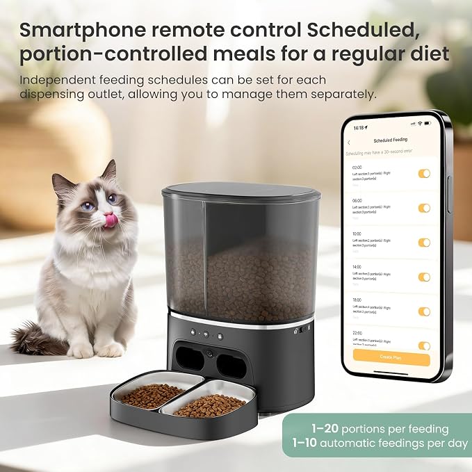 Automatic Cat Feeder 5G/2.4GHz Dual-Band WiFi Built-in HD Camera & Night Vision Two-Way Audio Calling APP Remote Control | Up to 10 Timed Feedings Per Day 8L Capacity Washable Parts (Black)
