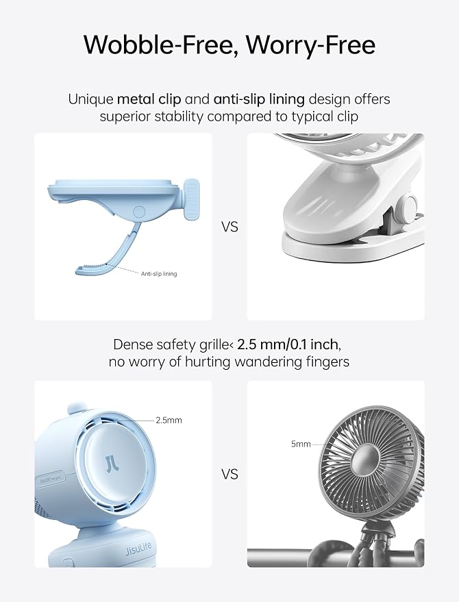 JISULIFE Chic Stroller Fan 2026-Baby Cool Helper: Smart 120° Auto Oscillation with 100 Speeds, 21H Super-Long Battery, Portable Baby Fan for Crib, Stroller & Bedroom, Gift for Moms-Blue(Clip)