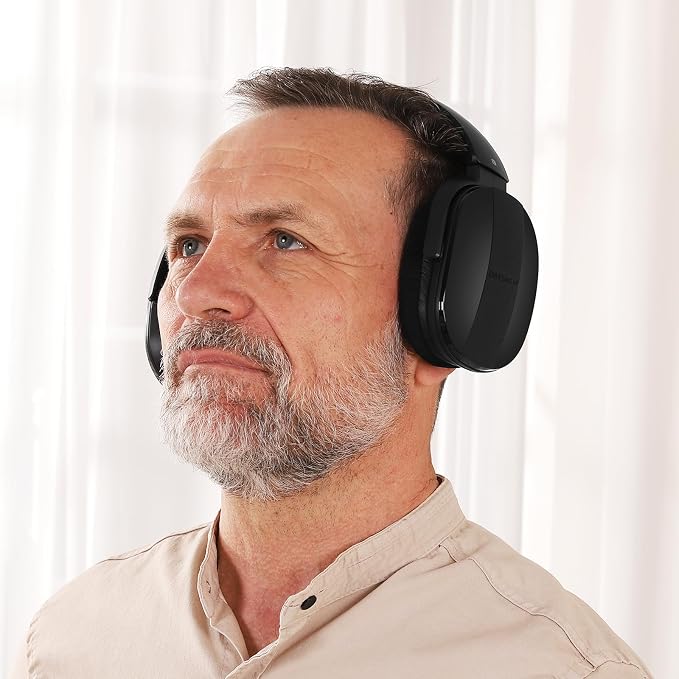 Wireless Headphones for TV with 2.4GHz RF Transmitter Charging Holder, Personal Volume, Plug and Play, 100FT, Bluetooth TV Headphones Wireless for Seniors, No Delay, Support OPT/RCA/AUX, Black, DB100