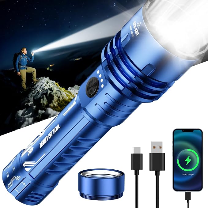 Flashlight 2000 High Lumens, Rechargeable Zoomable LED Tactical Flashlight with Ignition Lens, Emergency Flashlight for Camping Home Security, 5 Modes Waterproof Handheld Flashlights (Blue)