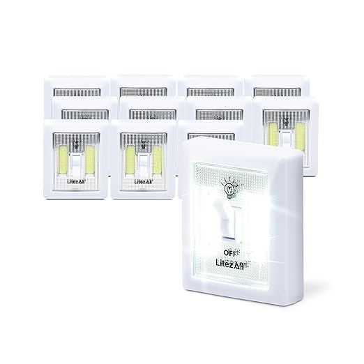 LitezAll COB LED Light Switch Night Light, 12-Pack 200 Lumen Wireless Battery Operated Wall Lights, Stick-On Switch Lights for Closets, Cabinets, Hallways, Garage, Gifts for Men – Batteries Included