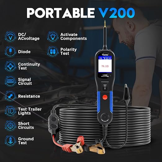 VDIAGTOOL V200 Automotive Circuit Tester, 12V 24V Car Power Circuit Probe Kit with VD31 Car Code Reader, OBD2 Scanner with Car Key Battery Tester