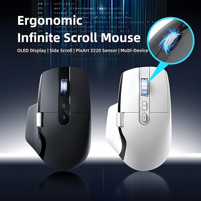 Ergonomic Wireless Mouse with Infinite Scroll & Side Scroll Wheel, Bluetooth & 2.4G Rechargeable Office Mouse, 5-Device Multi-Connection, OLED Display, PixArt 3220 Sensor for Laptop PC Mac (White)