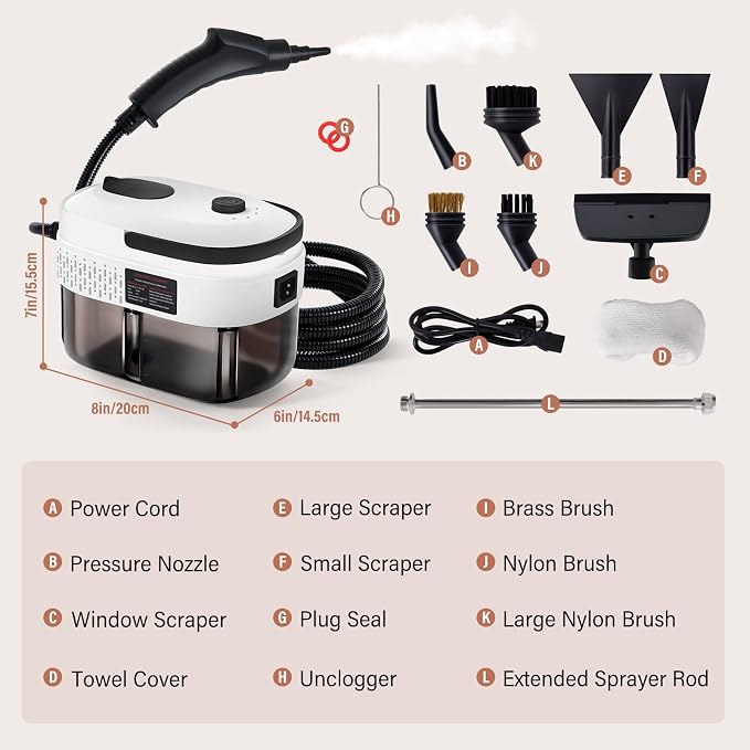 Lamberia Steam Cleaner with 12pcs Accessories, 2500W 1400ml 1.5 Quarts Tank, 3-Level Adjustable Portable Handheld Pressurized Steamer, 15s Heat-Up Steam Cleaner for Home, Car, Kitchen(White, US Plug)