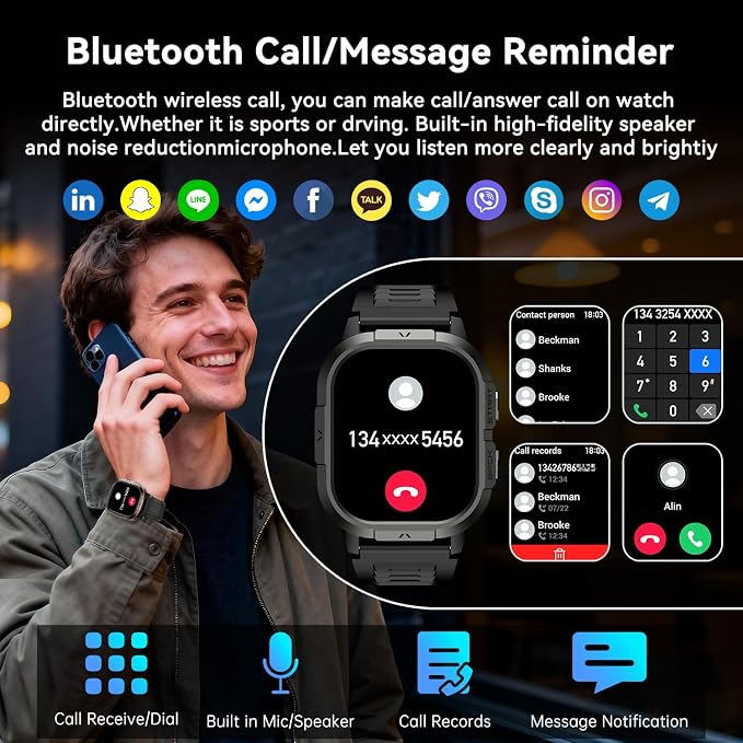 Smart Watch for Men Fitness Tracker: Make/Answer Call Military Smart Watches for Men Digital Watches Heart Rate Monitor Waterproof Running Smartwatch Android Phones iPhone Samsung Compatible 2 Bands